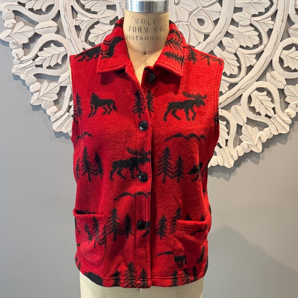 Vintage Blair Christmas theme Moose Pattern fleece Vest Red & Black Vest M